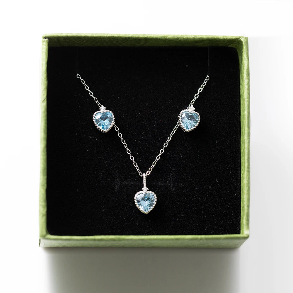 925 Sterling Silver Earrings and Necklaces Charm Jewelry Set - Blue Sapphire Heart - Xm251 - Touchy Style