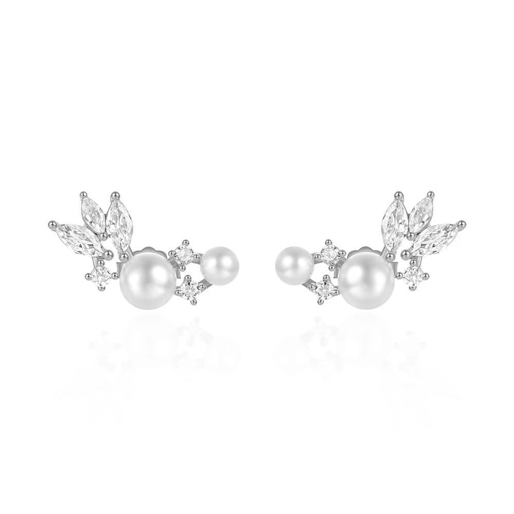 925 Sterling Silver Earrings Charm Jewelry - Pearl Zircon Feather wings - Xm330 - Touchy Style