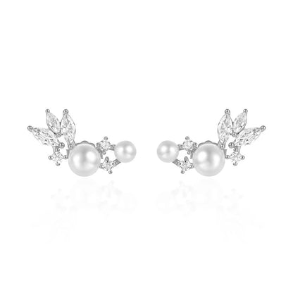 925 Sterling Silver Earrings Charm Jewelry - Pearl Zircon Feather wings - Xm330 - Touchy Style