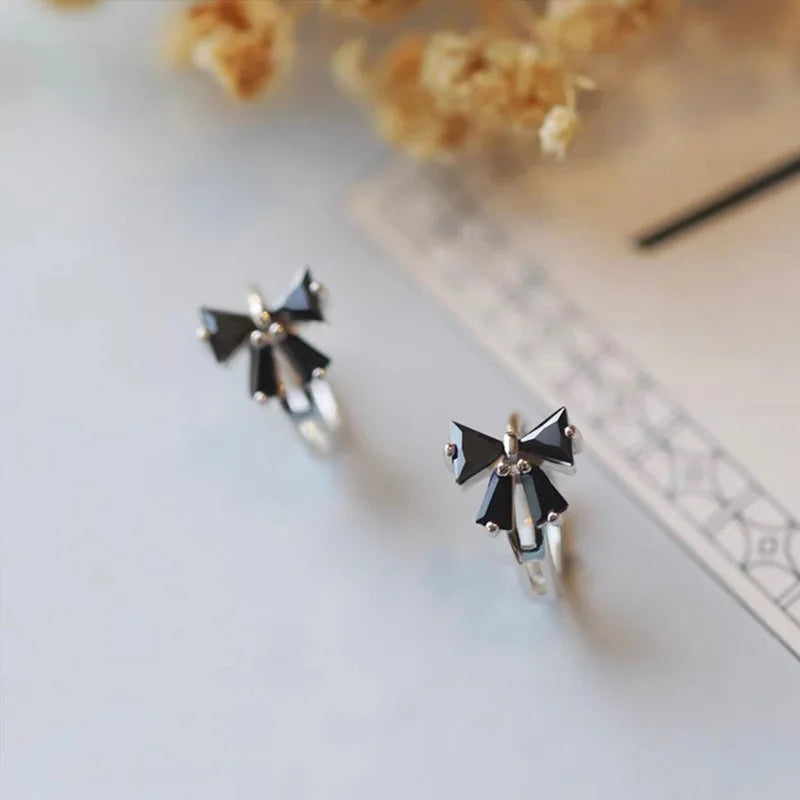 925 Sterling Silver Earrings Charm Jewelry - Sweet Black/White Zircon Bow - Xm320 - Touchy Style