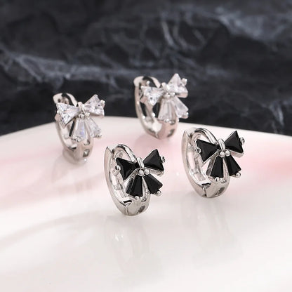 925 Sterling Silver Earrings Charm Jewelry - Sweet Black/White Zircon Bow - Xm320 - Touchy Style