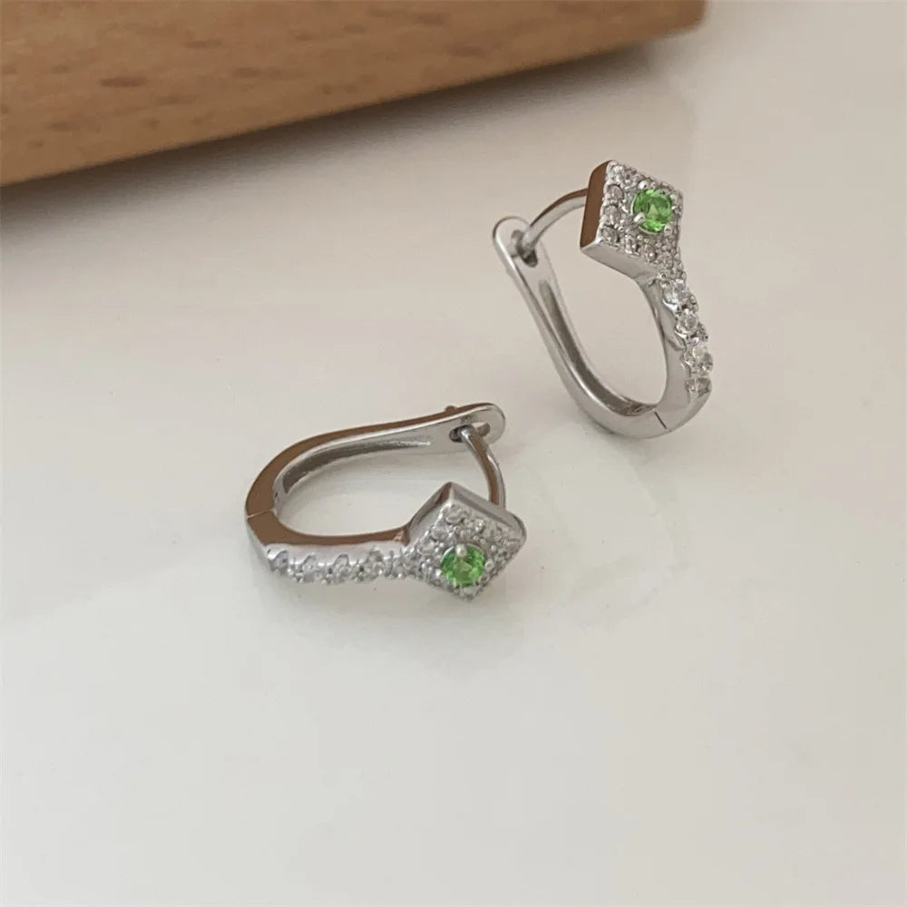 925 Sterling Silver Hoop Earrings Charm Jewelry - Rhombus Green Zircon - Xm408 - Touchy Style