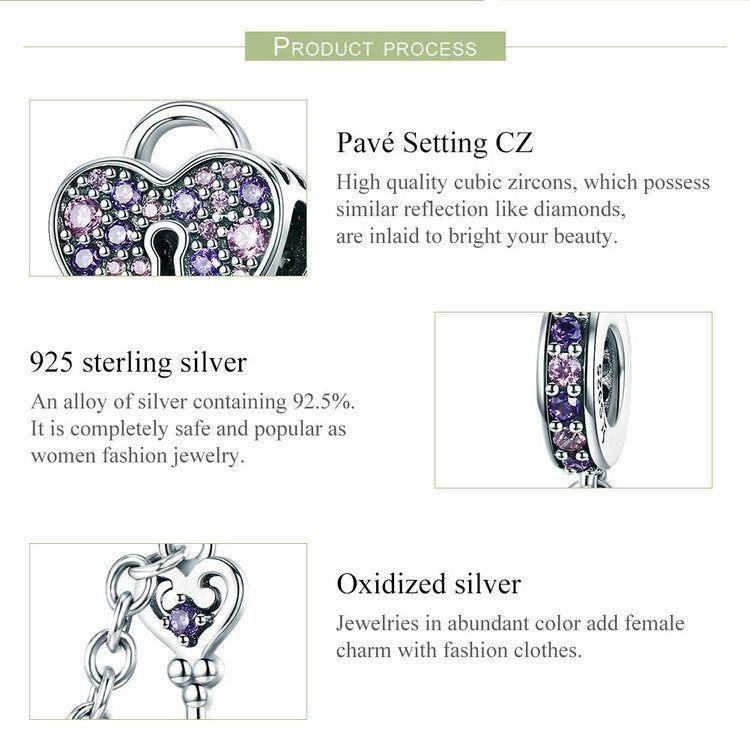 Sterling Silver Key and Lock Heart CZ Anniversary Pendant Necklace