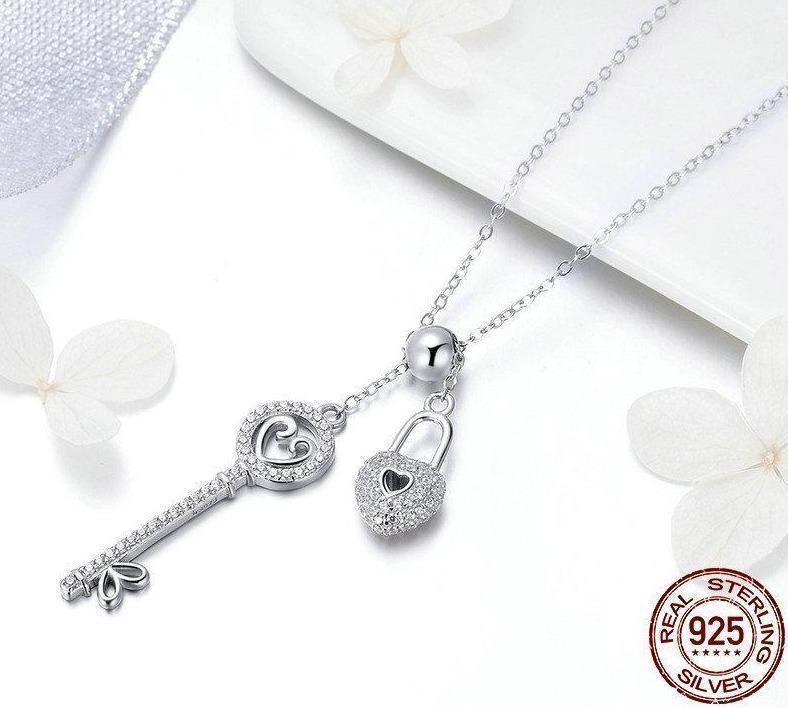 925 Sterling Silver Key of Heart Lock Pendant Necklace Charm Jewelry - Touchy Style