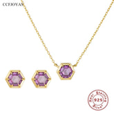 925 Sterling Silver Necklace and Earring Charm Jewelry Set - Hexagonal Zircon Pendant - CCF0024 - Touchy Style