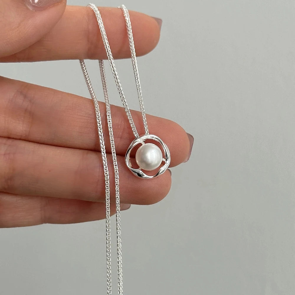 925 Sterling Silver Necklace Charm Jewelry - Irregular Circle, Pearl Pendant - TSJ143 - Touchy Style