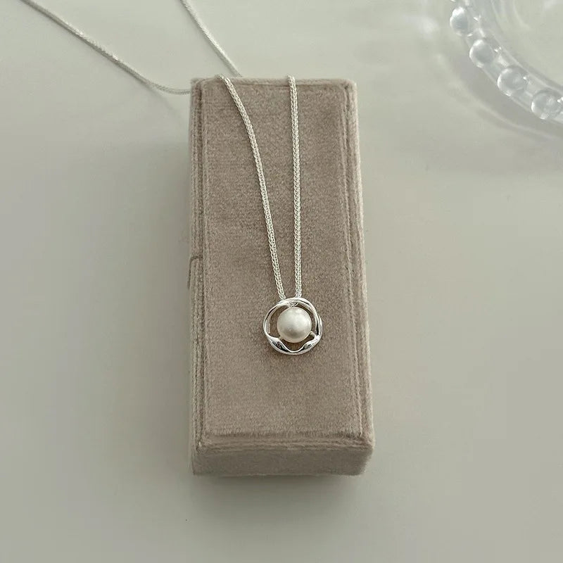 925 Sterling Silver Necklace Charm Jewelry - Irregular Circle, Pearl Pendant - TSJ143 - Touchy Style