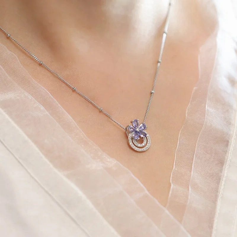 925 Sterling Silver Necklace Charm Jewelry - Light Purple Zircon Flower - Xm394 - Touchy Style