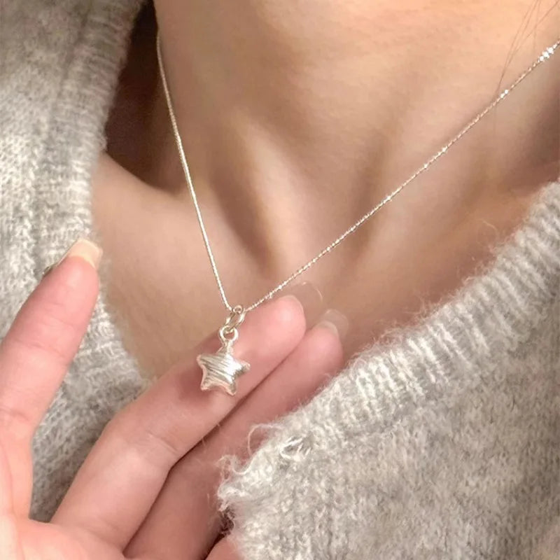 925 Sterling Silver Necklace Charm Jewelry - Matte Star Pendant, Simple - TSJ89 - Touchy Style