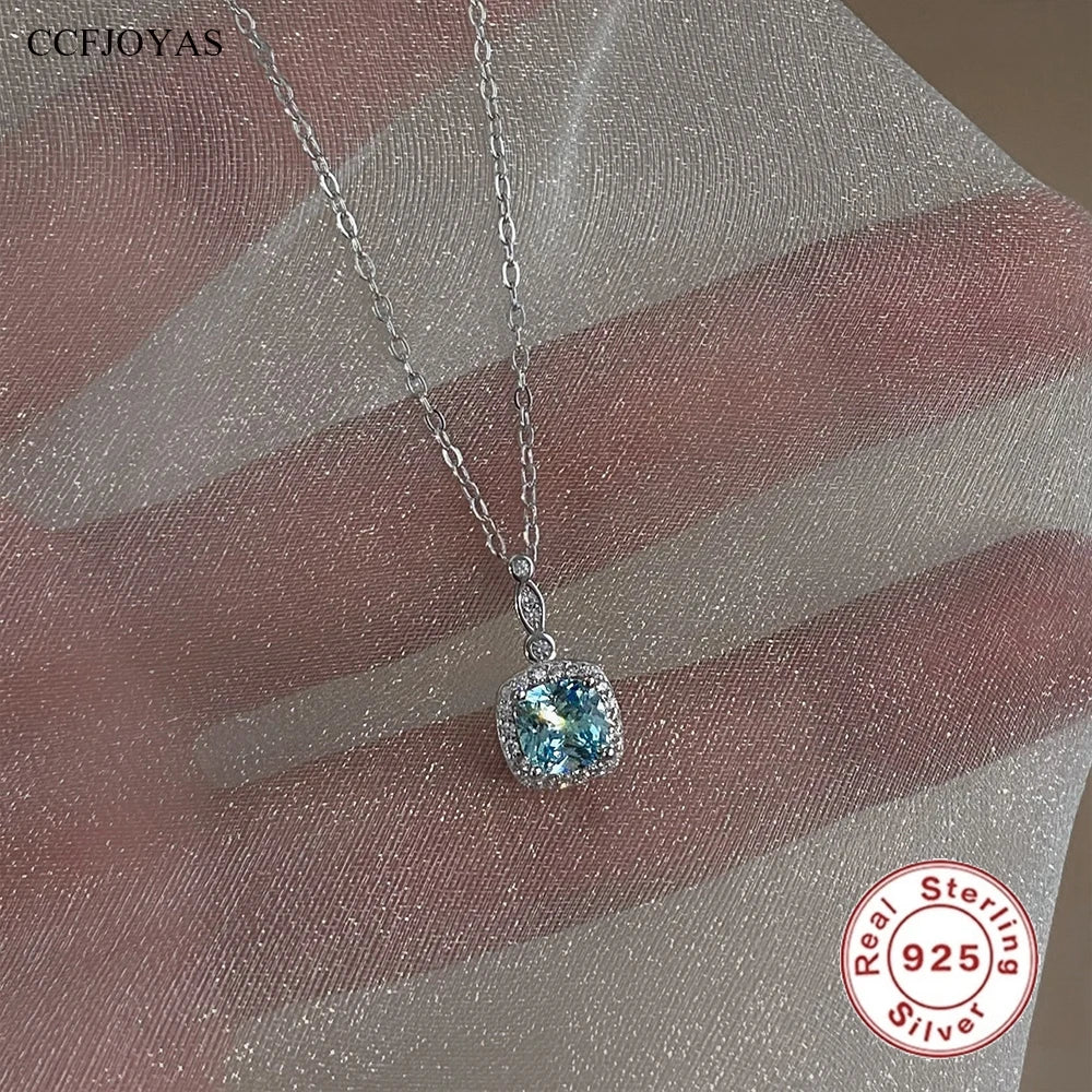 925 Sterling Silver Necklace Charm Jewelry - Mint Mambo Square Zircon - Xm384-N - Touchy Style