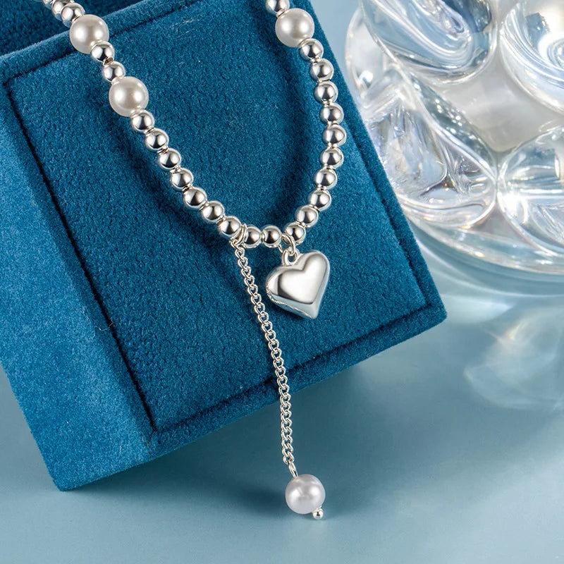 925 Sterling Silver Necklace Charm Jewelry - Pearl Beaded, Geometric Heart Pendant - TSJ123 - Touchy Style