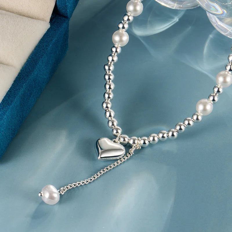 925 Sterling Silver Necklace Charm Jewelry - Pearl Beaded, Geometric Heart Pendant - TSJ123 - Touchy Style