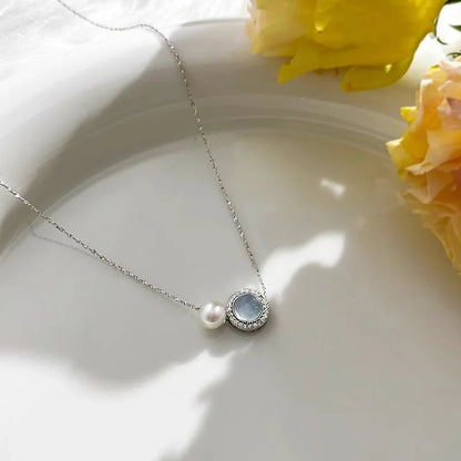 925 Sterling Silver Necklace Charm Jewelry - Pearl, Blue Clear CZ - TSJ126 - Touchy Style