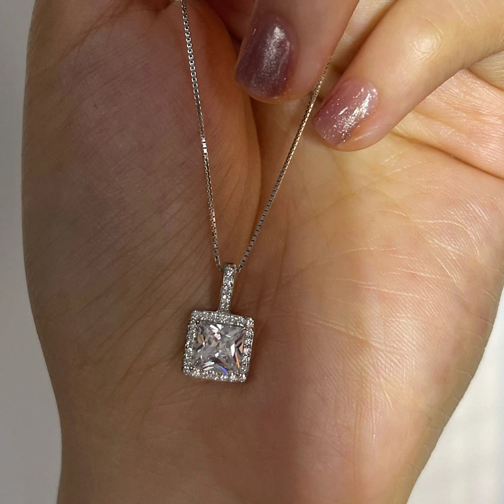 925 Sterling Silver Necklace Charm Jewelry - Super Flash Square Zircon Pendant - Xm389 - Touchy Style