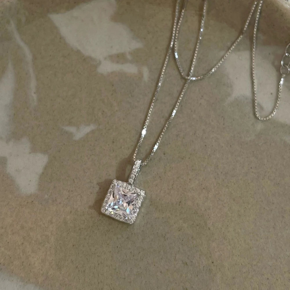 925 Sterling Silver Necklace Charm Jewelry - Super Flash Square Zircon Pendant - Xm389 - Touchy Style