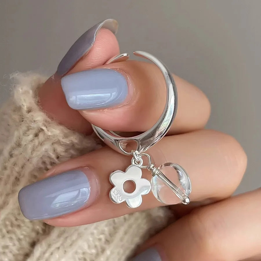 925 Sterling Silver Open Finger Ring Charm Jewelry - Cute Flower Clear Droplet - TSJ131 - Touchy Style