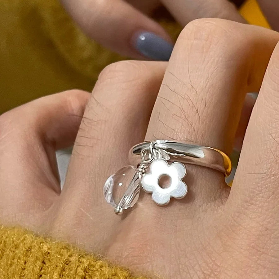 925 Sterling Silver Open Finger Ring Charm Jewelry - Cute Flower Clear Droplet - TSJ131 - Touchy Style