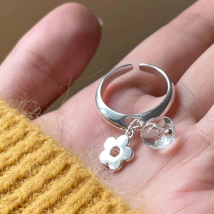 925 Sterling Silver Open Finger Ring Charm Jewelry - Cute Flower Clear Droplet - TSJ131 - Touchy Style