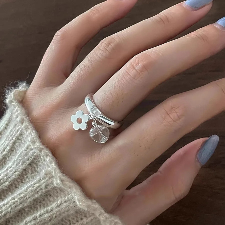 925 Sterling Silver Open Finger Ring Charm Jewelry - Cute Flower Clear Droplet - TSJ131 - Touchy Style