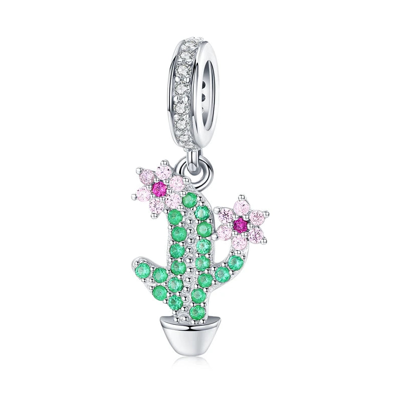 925 Sterling Silver Pendent Charm Jewelry Crystal Cactus 