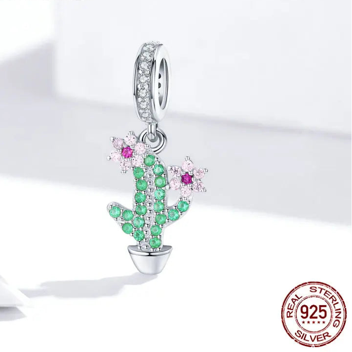 925 Sterling Silver Pendent Charm Jewelry Crystal Cactus 