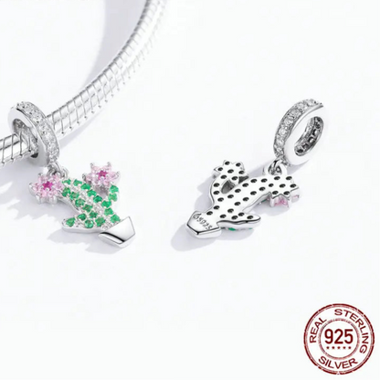 925 Sterling Silver Pendent Charm Jewelry Crystal Cactus 