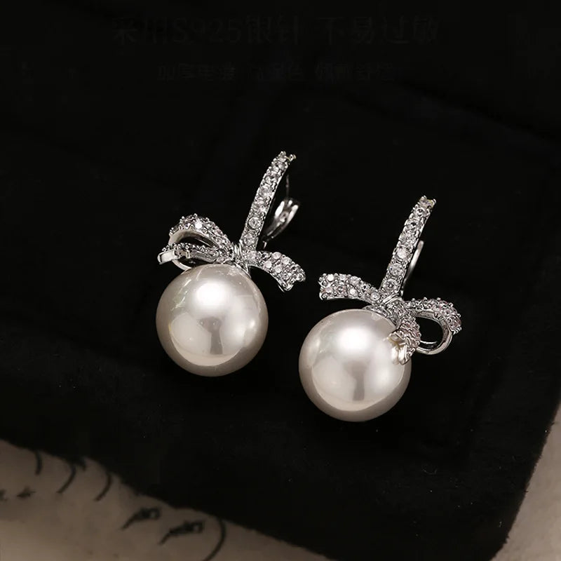 925 Sterling Silver Stud Earrings Charm Jewelry - Bowtie Ribbon Pearl - TSJ105 - Touchy Style