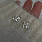 925 Sterling Silver Stud Earrings Charm Jewelry - Bunny Pearl Zircon - Xm402 - Touchy Style