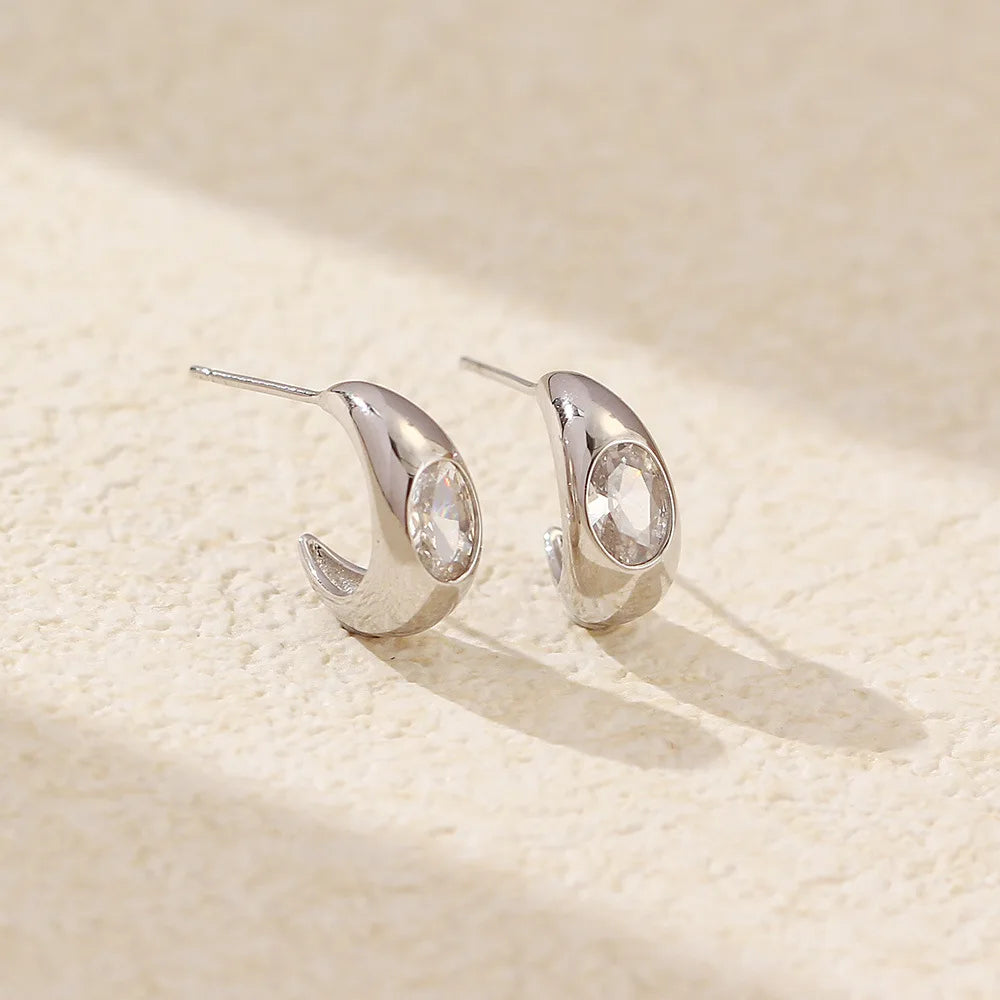 925 Sterling Silver Stud Earrings Charm Jewelry - C-shaped Metal - YH0453 - Touchy Style