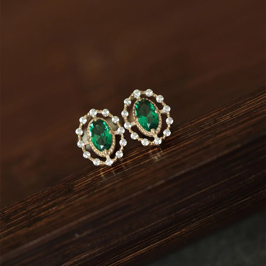 925 Sterling Silver Stud Earrings Charm Jewelry - Emerald Zircon Oval - Xm360 - Touchy Style