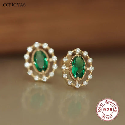 925 Sterling Silver Stud Earrings Charm Jewelry - Emerald Zircon Oval - Xm360 - Touchy Style