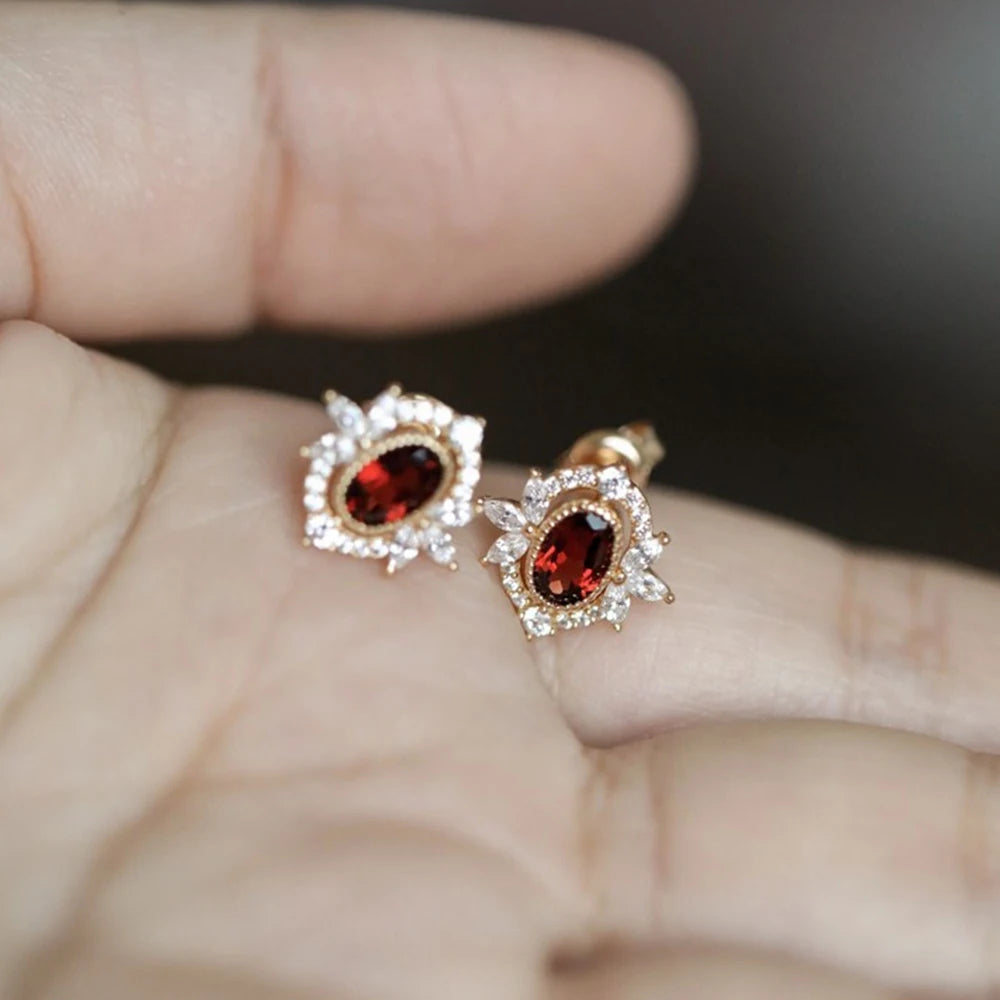 925 Sterling Silver Stud Earrings Charm Jewelry - Geometric Garnet Red Zircon - Xm280 - Touchy Style