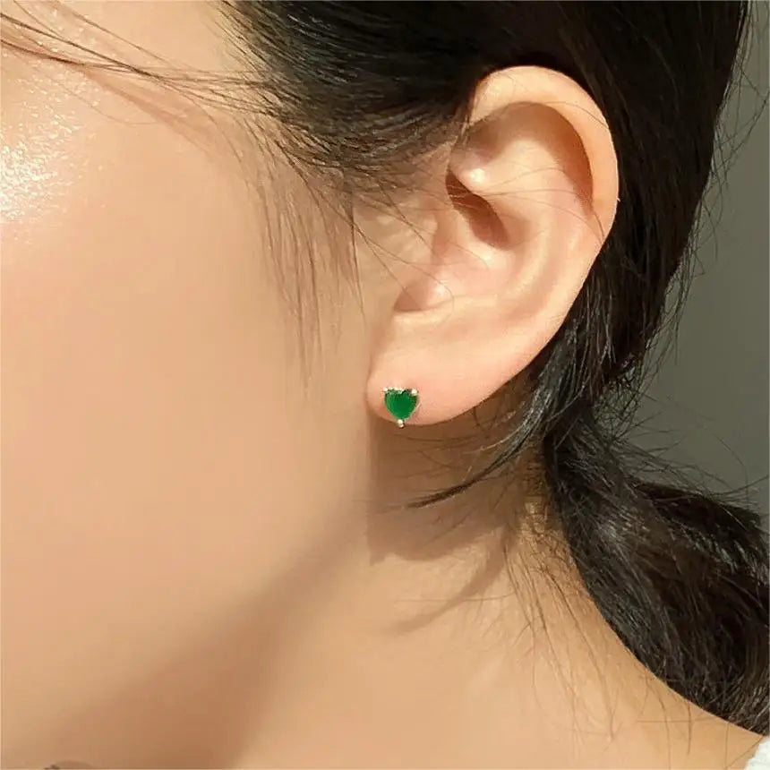 925 Sterling Silver Stud Earrings Charm Jewelry - Green Zircon Heart-shaped - Xm381 - Touchy Style