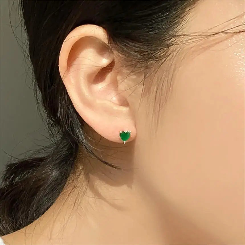 925 Sterling Silver Stud Earrings Charm Jewelry - Green Zircon Heart-shaped - Xm381 - Touchy Style