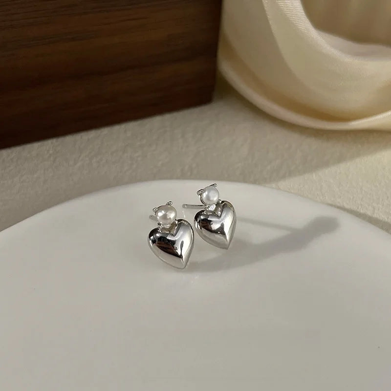 925 Sterling Silver Stud Earrings Charm Jewelry - Heart Pearl Shape - TSJ135 - Touchy Style