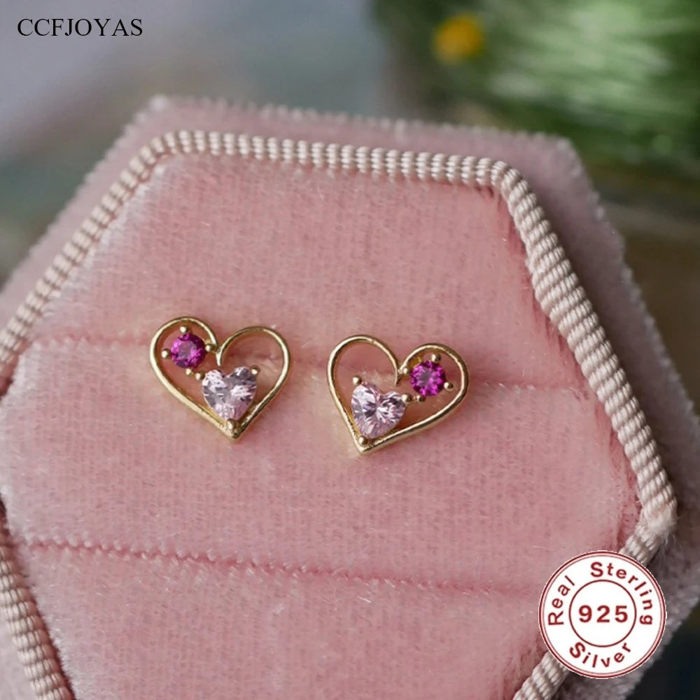 925 Sterling Silver Stud Earrings Charm Jewelry - Hollow Pink Heart - Xm369 - Touchy Style