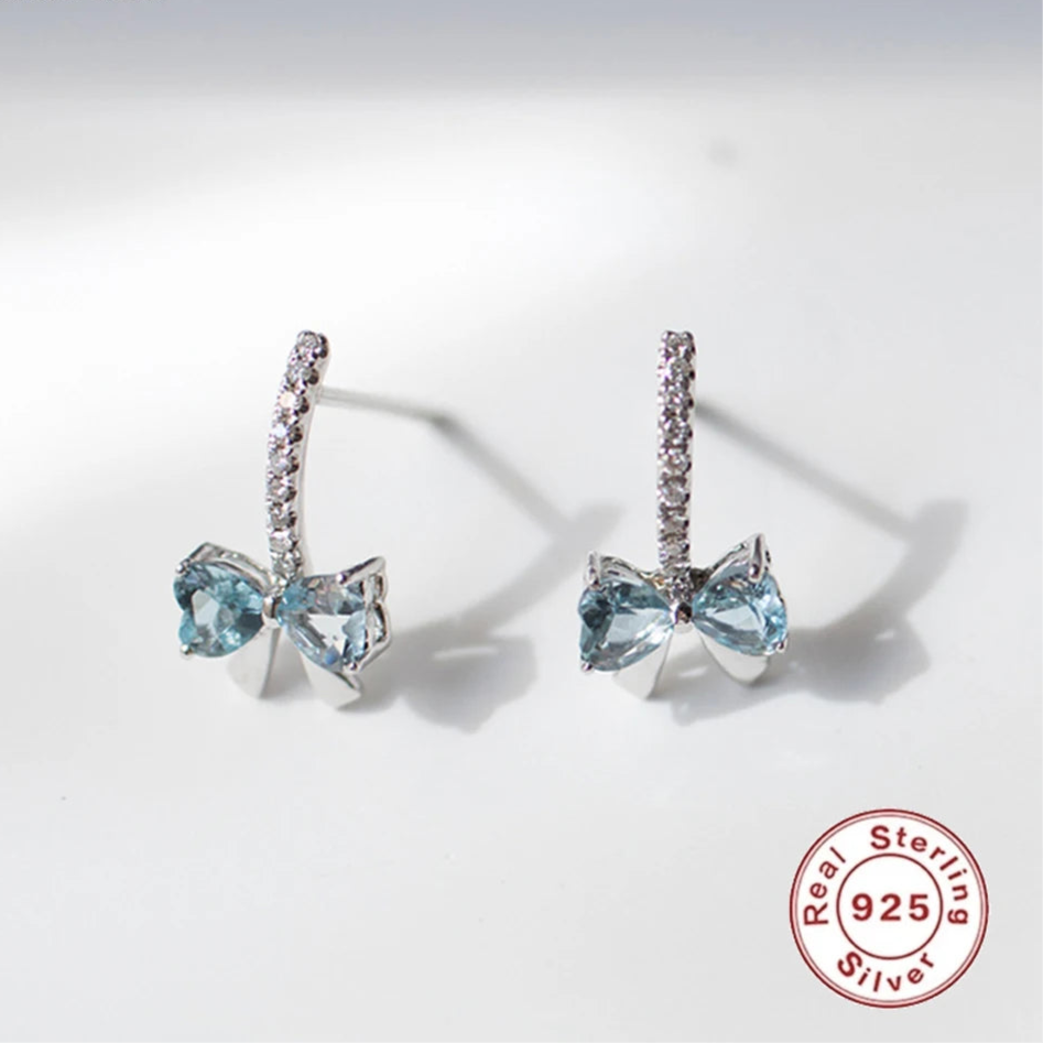 925 Sterling Silver Stud Earrings Charm Jewelry - Ocean Blue Bowknot - Xm375 - Touchy Style