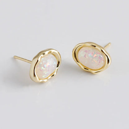 925 Sterling Silver Stud Earrings Charm Jewelry - Oval Colorful Opal - MD329 - Touchy Style