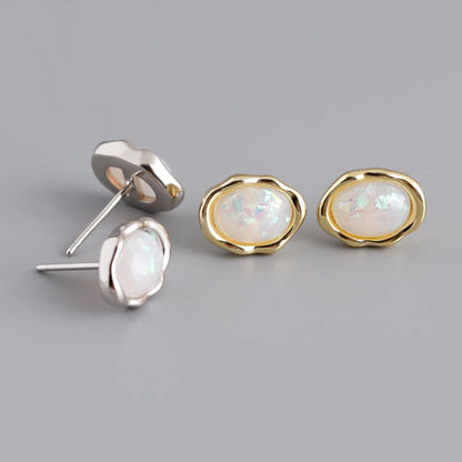 925 Sterling Silver Stud Earrings Charm Jewelry - Oval Colorful Opal - MD329 - Touchy Style