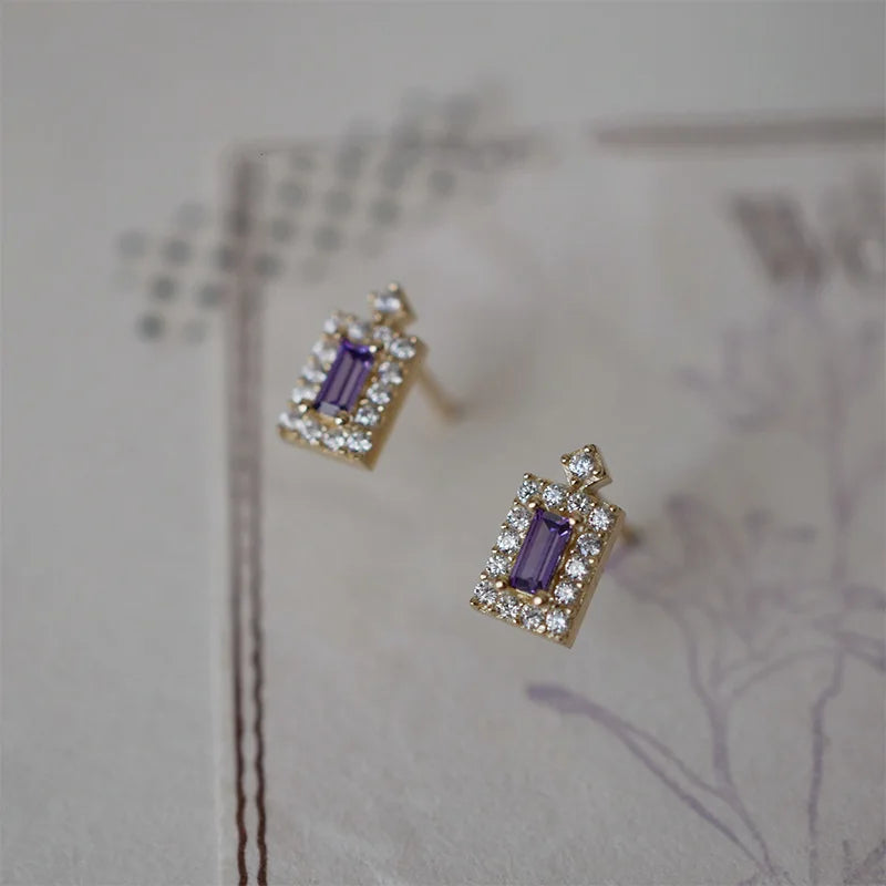 925 Sterling Silver Stud Earrings Charm Jewelry - Purple Rectangle Zircon - Xm372 - Touchy Style