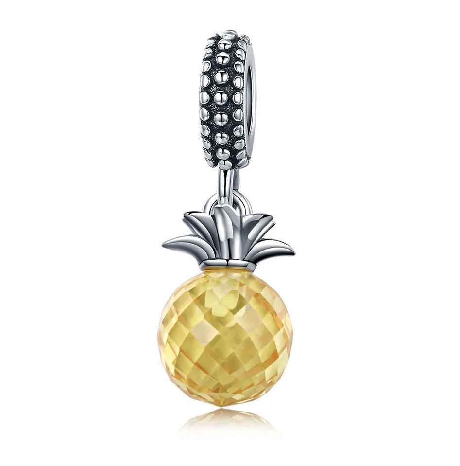 925 Sterling Silver Yellow Crystal Pineapple Pendent Charm Jewelry 