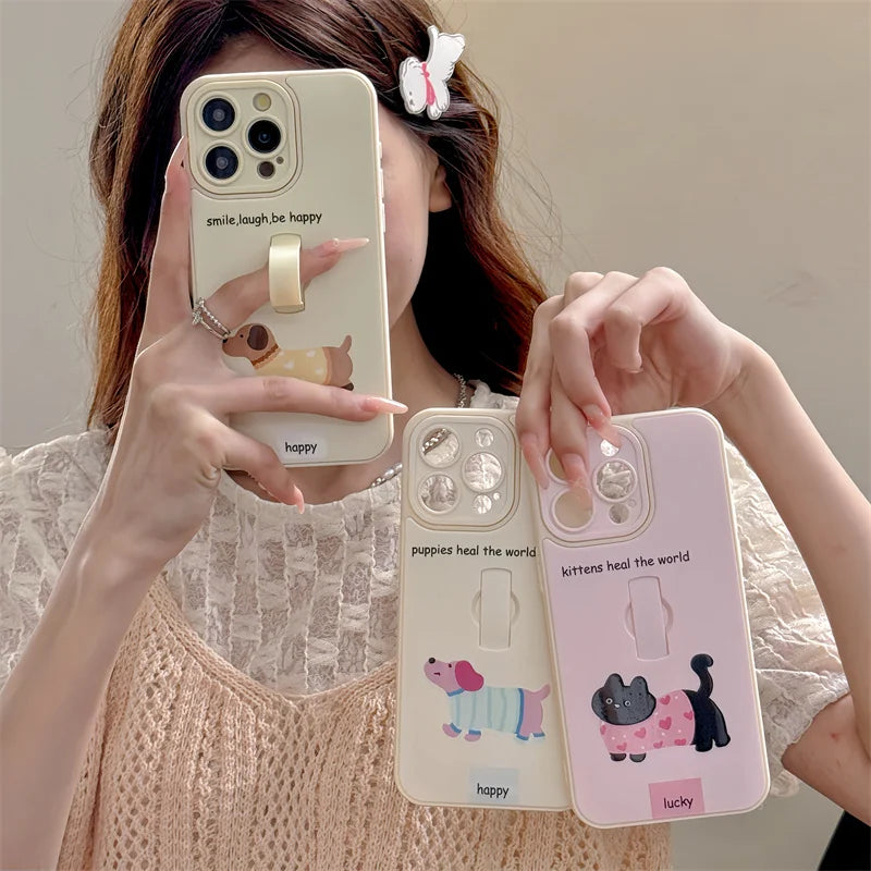 Cute Phone Cases for iPhone 15, 14, 13, 11, or 12 Pro Max - Cartoon Puppy Dog &amp; Cat with Hidden Ring Holder - TSP221