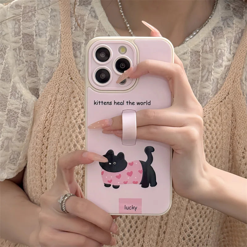 Cute Phone Cases for iPhone 15, 14, 13, 11, or 12 Pro Max - Cartoon Puppy Dog &amp; Cat with Hidden Ring Holder - TSP221