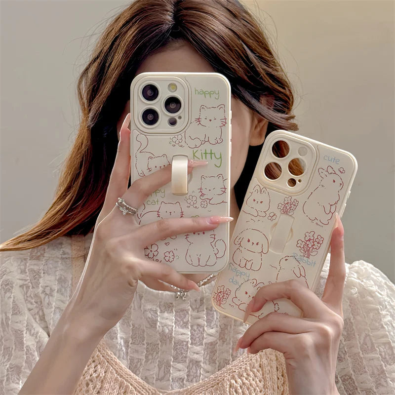 Cute Phone Case for iPhone 15 Pro Max, 14, 13, 11, and 12 – Cartoon Cat &amp; Rabbit Design with Invisible Ring Kickstand – TSP219