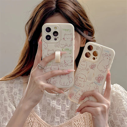 Cute Phone Case for iPhone 15 Pro Max, 14, 13, 11, and 12 – Cartoon Cat &amp; Rabbit Design with Invisible Ring Kickstand – TSP219