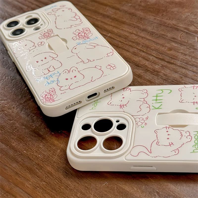 Cute Phone Case for iPhone 15 Pro Max, 14, 13, 11, and 12 – Cartoon Cat &amp; Rabbit Design with Invisible Ring Kickstand – TSP219