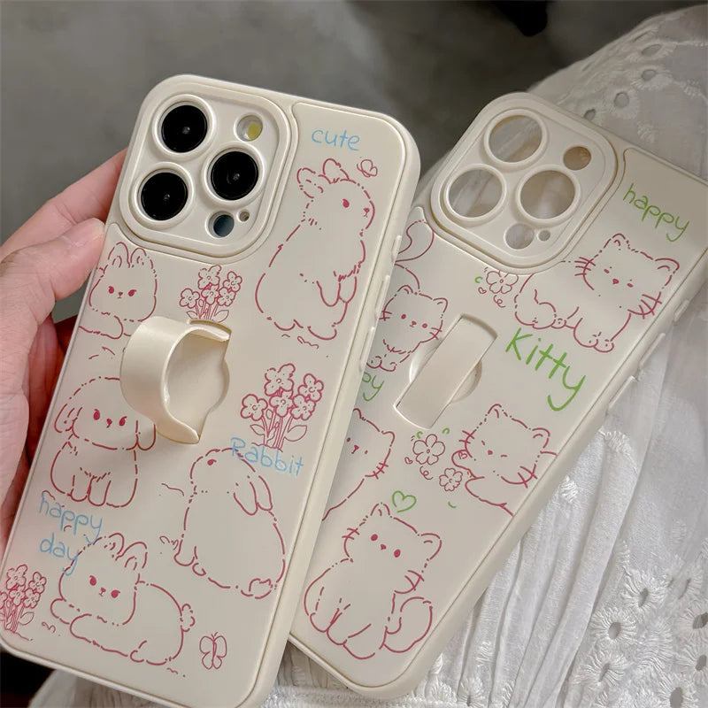 Cute Phone Case for iPhone 15 Pro Max, 14, 13, 11, and 12 – Cartoon Cat &amp; Rabbit Design with Invisible Ring Kickstand – TSP219