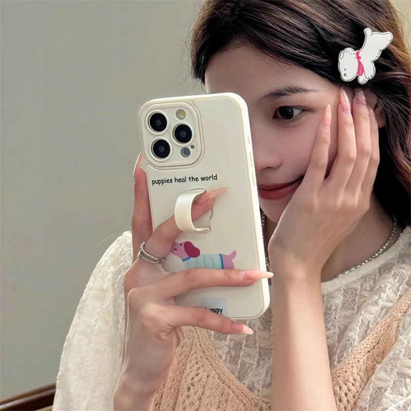 Cute Phone Cases for iPhone 15, 14, 13, 11, or 12 Pro Max - Cartoon Puppy Dog &amp; Cat with Hidden Ring Holder - TSP221