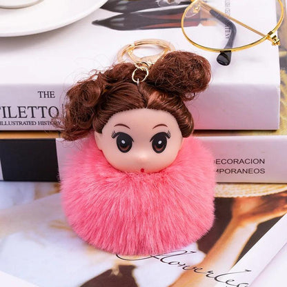 Cute Sleeping doll Fur Key chain Car Keychain Pom-Pom Curly hair doll plush ball doll Bag charm Cute Car Key Ring Jewelry