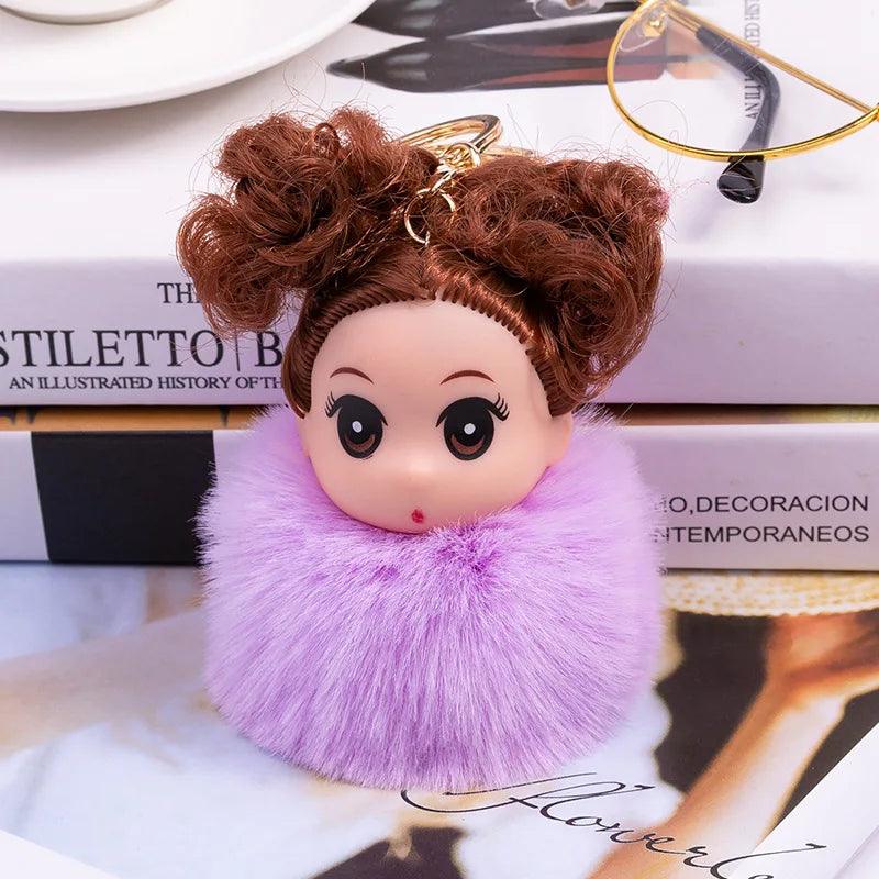 Cute Sleeping doll Fur Key chain Car Keychain Pom-Pom Curly hair doll plush ball doll Bag charm Cute Car Key Ring Jewelry